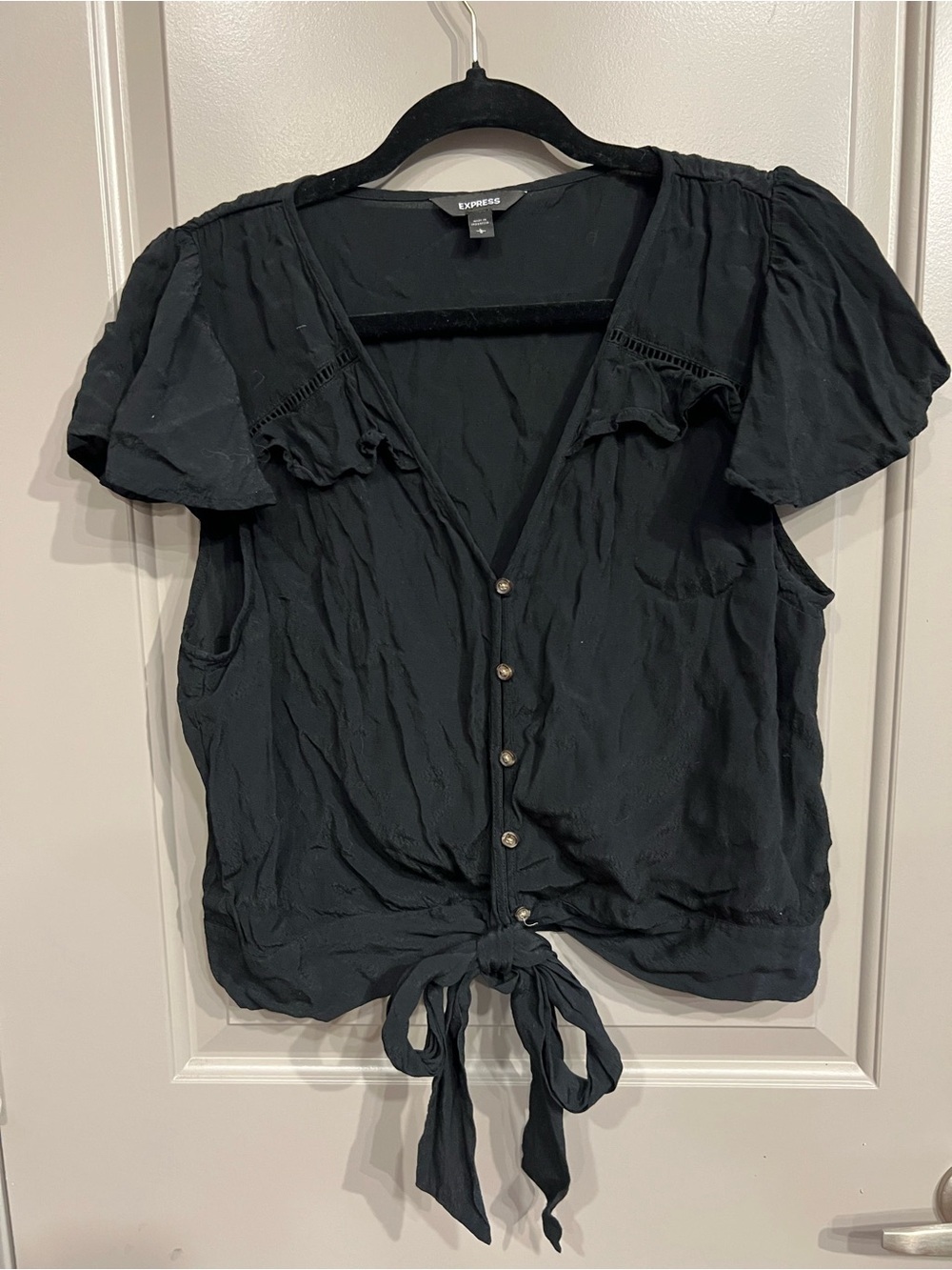 Express Black Tie-Front Button V-Neck Top - Picture 2 of 6